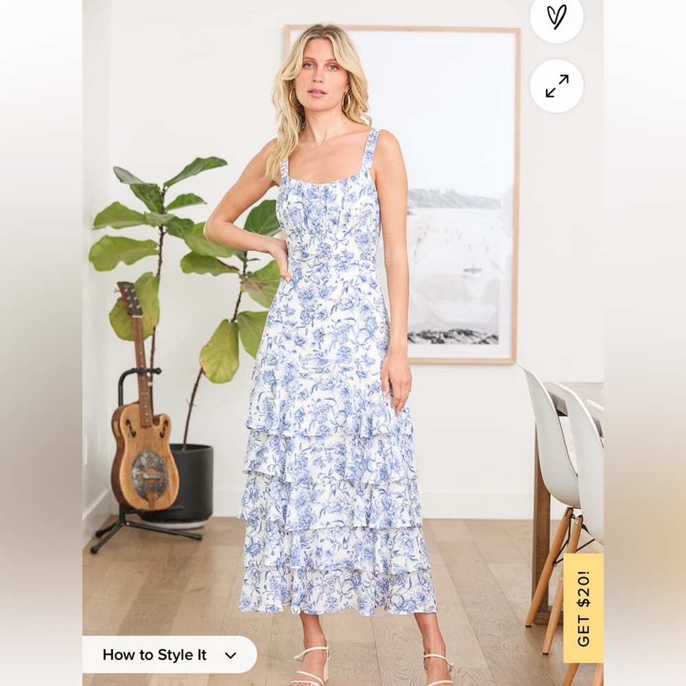 Lulu’s BLUE AND WHITE TOERED FLORAL MIDI DRESS